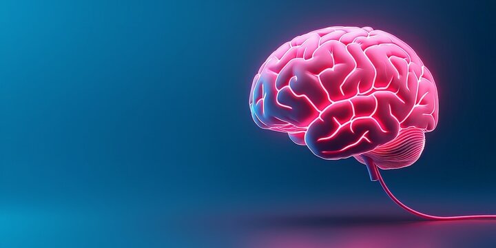 Brain rot concept. Neon brain illustration with glowing contours on a blue background.