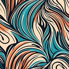 Obraz premium Abstract Teal and Peach Swirls: A captivating seamless pattern featuring flowing, organic shapes in a vibrant palette of teal, peach, and cream. Perfect for textile design, wallpapers, and more. 