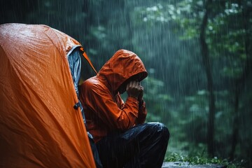 A Solo Camper in an Orange Tent Experiencing Heavy Rainfall While Sitting in the Forest, Evoking Feelings of Solitude and Reflection Amid Nature's Elements