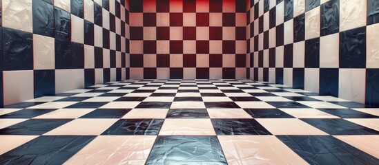 Vibrant Checkered Cube Room   Surreal Digital Abstract Background with Intriguing 3D Perspective and Geometric Patterns  Clean Minimalist and Visually Striking Architectural Design Concept