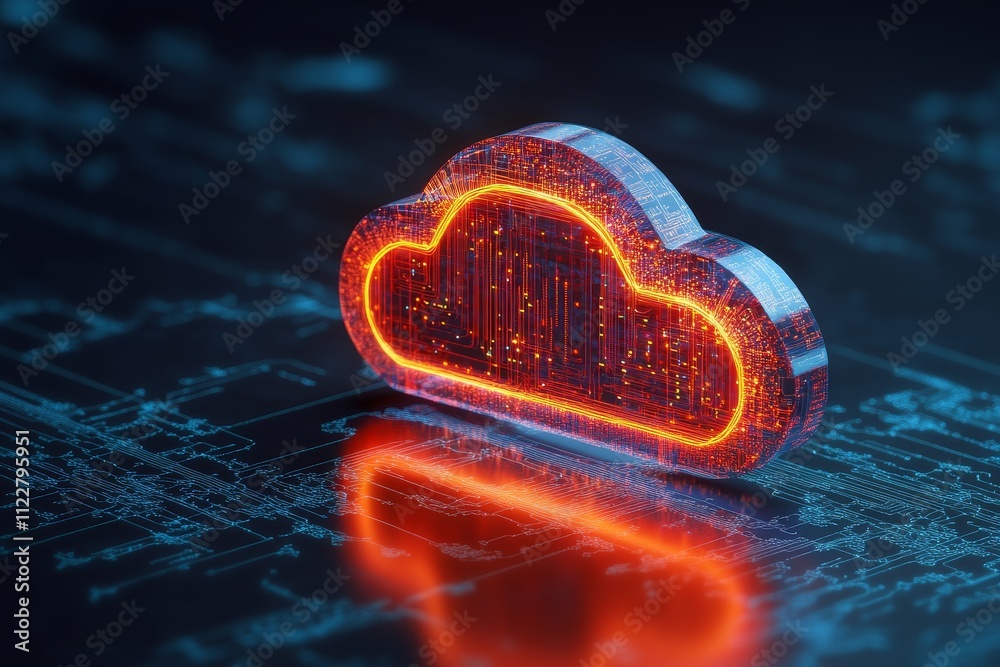 Poster abstract cloud computing concept featuring illuminated digital cloud symbol on a futuristic tech bac