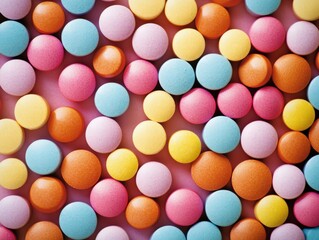 Obraz premium Close-Up View of Assorted Pastel-Colored Pills Representing Medical Research and Drug Formulation