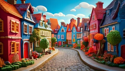 Naklejka premium Claymation Scene of UK Street with Bending Houses in the Distance