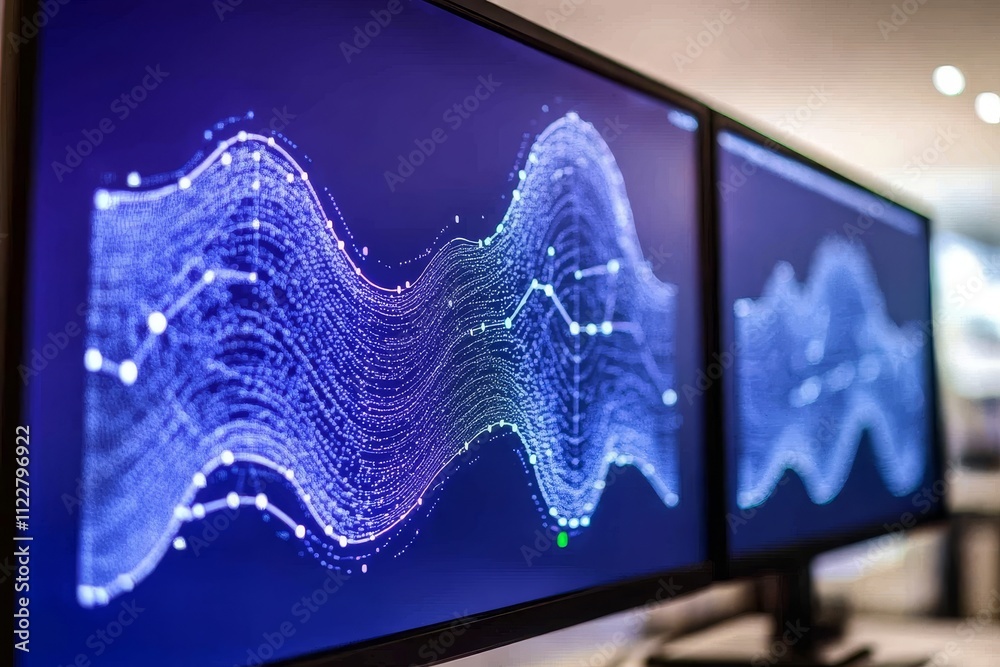 Poster abstract data visualization on dual monitors, showcasing flowing lines and dots representing complex