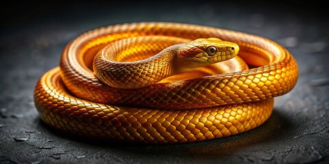 Obraz premium Captivating Golden Snake Coiled in a Ring on Dark Background - Nature's Serpentine Beauty Captured in Candid Photography