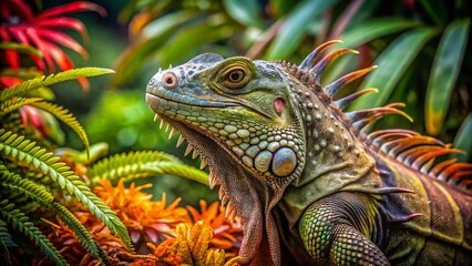 Fototapeta premium Captivating Iguana in Its Natural Habitat: A Stunning Documentary Photography Showcase of Nature's Resilient Reptile in Lush Green Surroundings, Highlighting Its Unique Features and Behavior