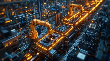Fototapeta premium Aerial View of Robots at Work in a Modern Factory