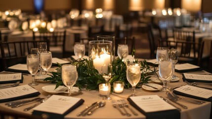 Elegant Modern Minimalist Table Setup for Retirement Dinner with Candles and Greenery