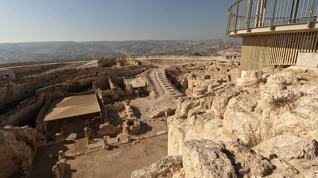 Aerial view of the Herodium in Israel on a sunny and clear day, showcasing the ancient ruins and breathtaking landscape of this UNESCO World Heritage Site
