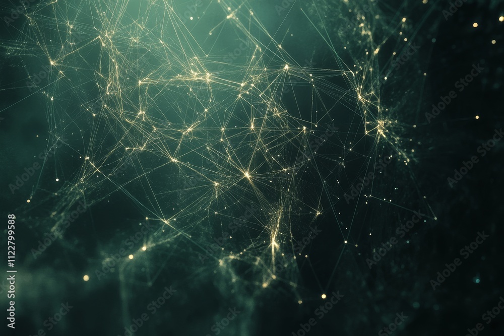 Poster abstract network connections with glowing nodes and lines representing data flow in a digital space,