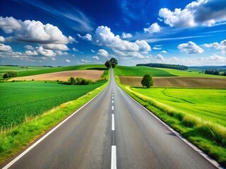 Fototapeta premium Captivating Landscape Photography of a Serene Roadway Defined by Painted White Lines Leading Through Lush Green Fields Under a Clear Blue Sky, Inviting Adventure and Exploration