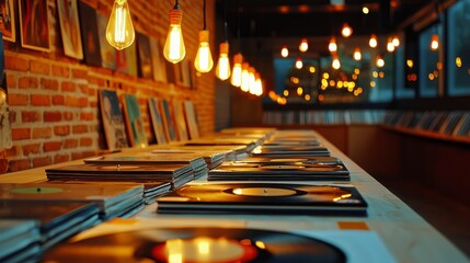 Cozy Record Store Interior with Warm Lighting and Vinyl Records on Display, Inviting Atmosphere for Music Lovers and Vinyl Collectors in a Trendy Space