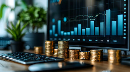 Stacks of coins on desk near financial charts