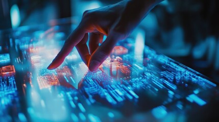 A bird's eye view of a human hand cradling a radiant holographic city projection, the ambient glow reflecting off a sleek metallic table, surrounded by ambient modern decor