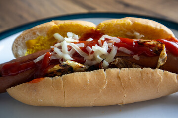 Hot dog sausage in bread roll with onions and tomato ketchup