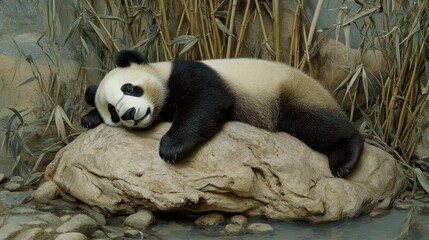 Fototapeta premium Panda cub resting on a rock amidst natural surroundings.