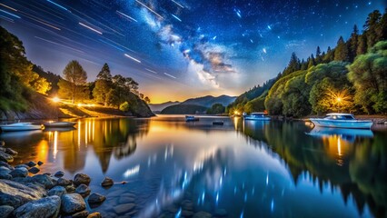 Obraz premium Captivating Long Exposure Night Scene of a Serene River Flowing Under a Starry Sky, Showcasing Reflections and Light Trails from Passing Boats