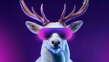 Neon cyberpunk futuristic portrait in pop art style of white reindeer with large strong horns and...