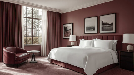 Fototapeta premium This stylish hotel room combines trendy mocha hues with cozy decor, creating a serene retreat filled with natural light