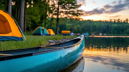 Fototapeta premium Tranquil Lakeside Camping Scene with Bright Tents and Colorful Canoe in Evening Light, Perfect for Outdoor Adventure Enthusiasts and Nature Lovers