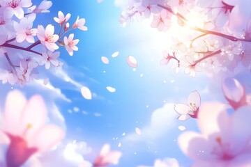 Beautiful Cherry Blossom Branches Against a Bright Blue Sky with Gentle Clouds and Soft Sunlight, Perfect for Spring Themes and Seasonal Celebrations