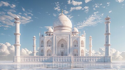 Obraz premium The Taj Mahal reflected in a frozen lake with cloudy sky. AI generative. .