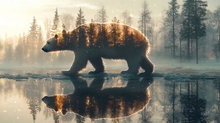 Double exposure image of a polar bear walking on a glacier amidst the snowy forest at sunrise with stunning reflection, concept of conservation wildlife and environment, International Polar Bear Day.