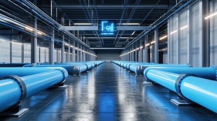 Obraz premium A modern industrial interior featuring long blue pipes and a digital display, showcasing a clean and organized environment.