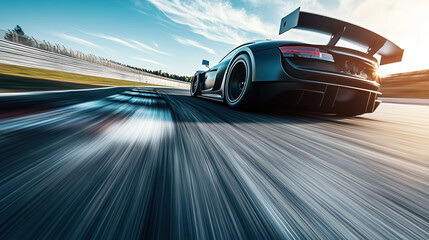 A sleek race car speeding down a straight section of a racetrack, leaving tire marks on the asphalt, with a clear blue sky in the background, capturing the speed and precision of the vehicle in motion