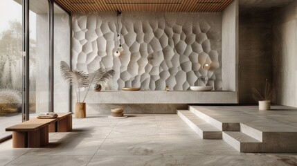Obraz premium Minimalist and Serene Interior Design with Geometric Stone Wall Decor Organic Wood Furniture and Abundant Natural Light Creating a Calming Tranquil Atmosphere