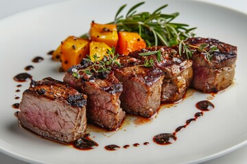 Closeup of grilled meat, roasted vegetables, and rosemary sprigs on a white plate with red sauce. AI generative. .