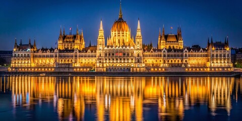 Naklejka premium Captivating Low Light Photography of the Majestic Budapest Parliament Building at Night with Illuminated Reflections on the Danube River, Showcasing Architectural Grandeur and Serenity