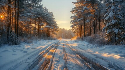 Snowy path through a forest at sunset with tire tracks in the snow. AI generative. .