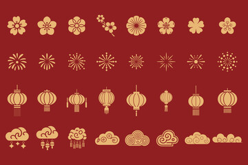 Chinese traditional ornaments frames. Asian decorative borders with lanterns, floral motifs of lotus flower and cherry blossoms. China themed vector elements set. Chinese lunar new year design