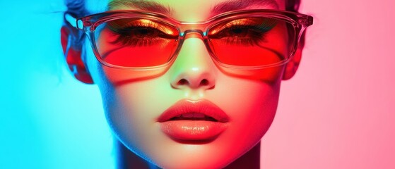 Fashion in Neon Concept. A striking portrait of a woman wearing bold, red sunglasses, illuminated by vibrant blue and pink lighting, showcasing a modern and edgy aesthetic. © TPS Studio