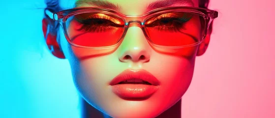Fashion in Neon Concept. A striking portrait of a woman wearing bold, red sunglasses, illuminated by vibrant blue and pink lighting, showcasing a modern and edgy aesthetic. © TPS Studio