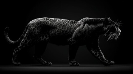 Obraz premium Black panther walking on a black background, lit by a single light. AI generative. .