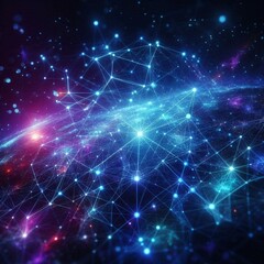 Fototapeta premium A glowing network of interconnected nodes and lines, forming a digital web against a dark futuristic background, with vibrant neon blue and purple tones.
