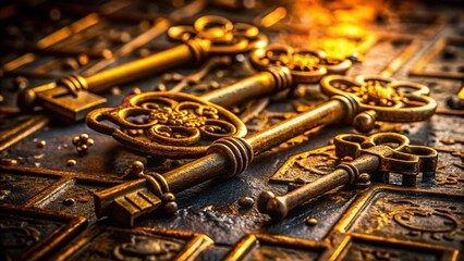 Captivating Macro Photography of Golden Keys Resting on a Textured Iron Plate, Showcasing Intricate Details, Reflections, and Rich Colors