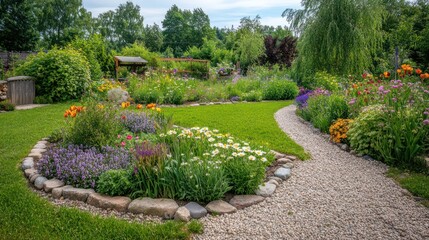 Obraz premium A vibrant garden with diverse flowers and a winding path, showcasing nature's beauty.