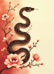 Fototapeta premium vector of black snake with stripes and plum blossoms flowers on beige and red watercolor background