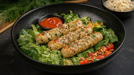 Grilled sausages served on a bed of fresh salad with a side of rice.