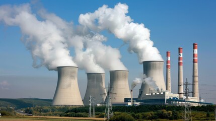 Steam and smoke rise dramatically from cooling towers, set against a broad industrial landscape under a clear sky.