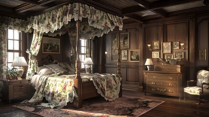 Victorian bedroom with a four-poster bed, floral drapery, and dark wood paneling.