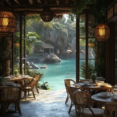 Fototapeta premium A serene restaurant interior overlooking a tranquil lagoon surrounded by lush greenery.