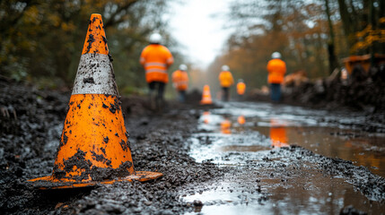 construction cone placed on a wet road symbolizing caution, warning, and the ongoing process of urban development with reflections adding to the sense of temporary disruption