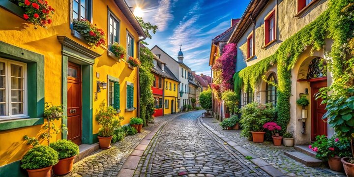 Captivating Narrow Street in a Charming Town with Lush Greenery and Colorful Facades Under a Bright Blue Sky, Ideal for Travel Enthusiasts and Urban Explorers