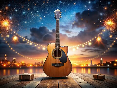 Captivating Night Photography of a Guitar with FM7 Chord in Focus, Illuminated by Soft Lights and Stars, Creating a Melodic Atmosphere for Music Lovers