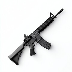 An assault rifle, military weapon, hyperrealistic 3D model, sleek black finish with tactical attachments, isolated on white background