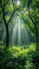Obraz premium A serene forest scene with sunlight filtering through lush green trees.